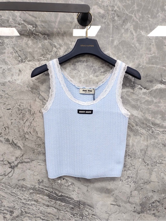 Miu Miu Tops - Miu Miu Baby Blue Ribbed Lace-Trim Camisole